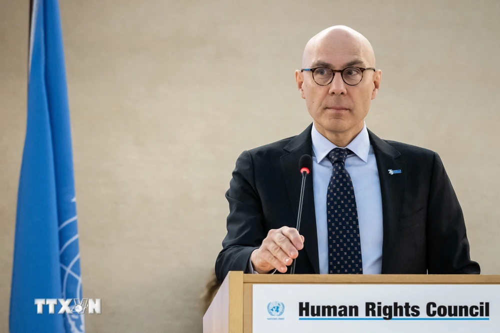 Cao ủy Nhân quyền của Liên hợp quốc Volker Turk phát biểu tại một cuộc họp ở Geneva, Thụy Sĩ. (Ảnh: AFP/TTXVN)