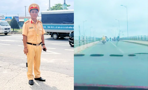 Thiếu tá Phạm Minh Hướng, cán bộ Phòng Cảnh sát Giao thông Công an thành phố Cần Thơ dùng xe môtô chuyên dùng dẫn đường cho xe ôtô chở sản phụ bị vỡ ối đến bệnh viện kịp thời. (Ảnh: Công an cung cấp)