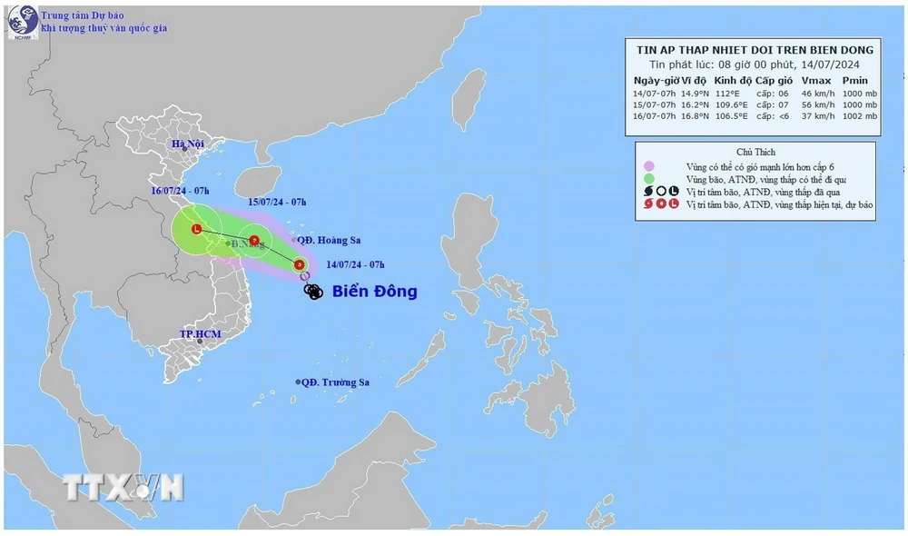 Hướng di chuyển của áp thấp nhiệt đới. (Ảnh: TTXVN phát)