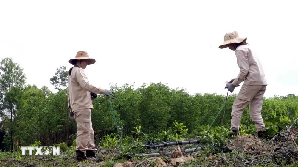 Nhân viên Tổ chức MAG dùng phương tiện, máy móc rà phá, xử lý bom mìn sau chiến tranh tại các địa phương trong tỉnh Quảng Bình. (Ảnh: TTXVN phát)