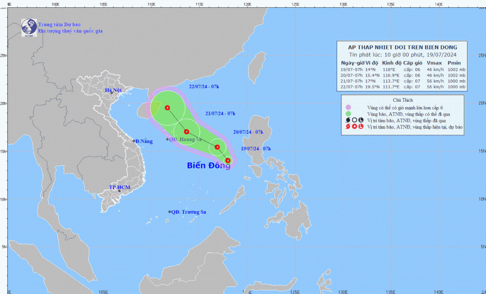 Vị trí và đường đi của áp thấp nhiệt đới. (Nguồn: Trung tâm Dự báo Khí tượng Thủy văn Quốc gia)