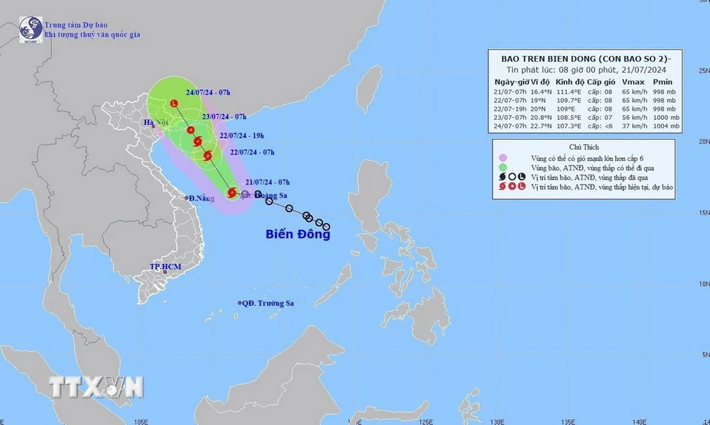 Hướng đi của cơn bão số 2, sáng 21/7. (Ảnh: TTXVN phát)