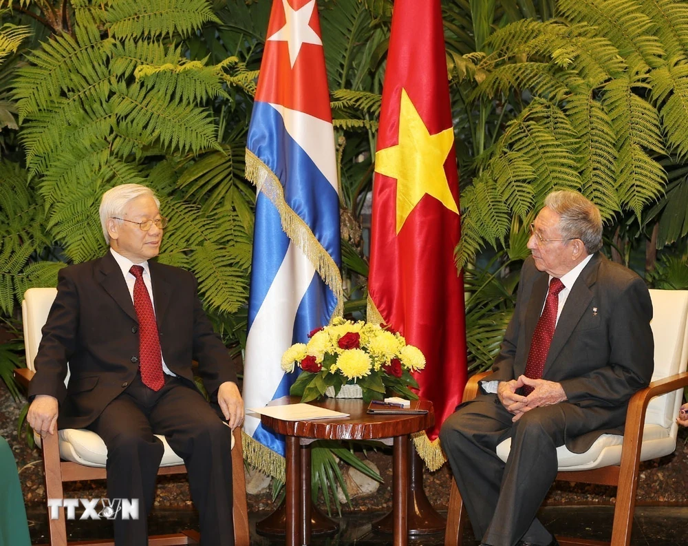 Tổng Bí thư Nguyễn Phú Trọng hội đàm với Bí thư Thứ nhất Đảng Cộng sản Cuba Raul Castro Ruz (La Habana, 29/3/2018). (Ảnh: Trí Dũng/TTXVN)