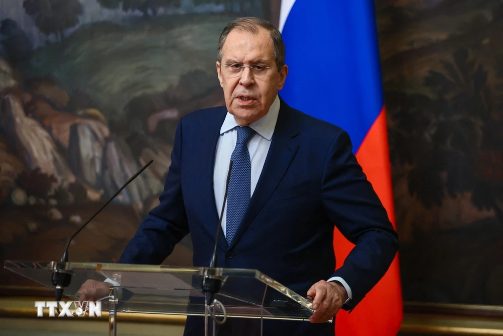 Ngoại trưởng Nga Sergei Lavrov phát biểu tại mootj cuộc họp báo ở thủ đô Moskva. (Ảnh: AFP/TTXVN)