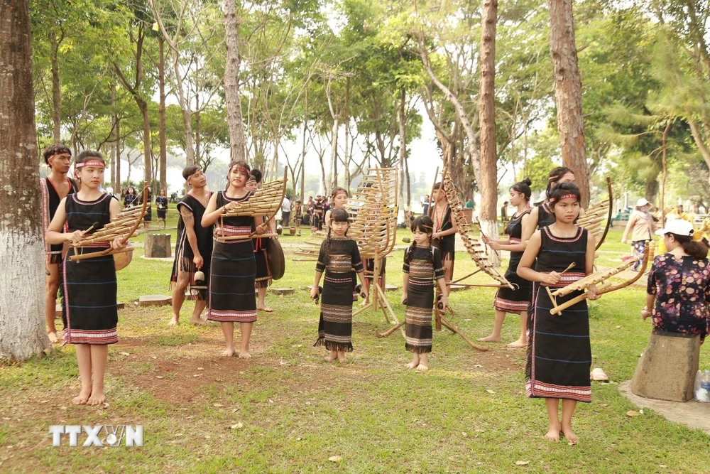 Biểu diễn nhạc cụ dân tộc của thiếu nhi nhỏ tuổi đến từ huyện Đăk Đoa, tỉnh Gia Lai. (Ảnh: Quang Thái/TTXVN)