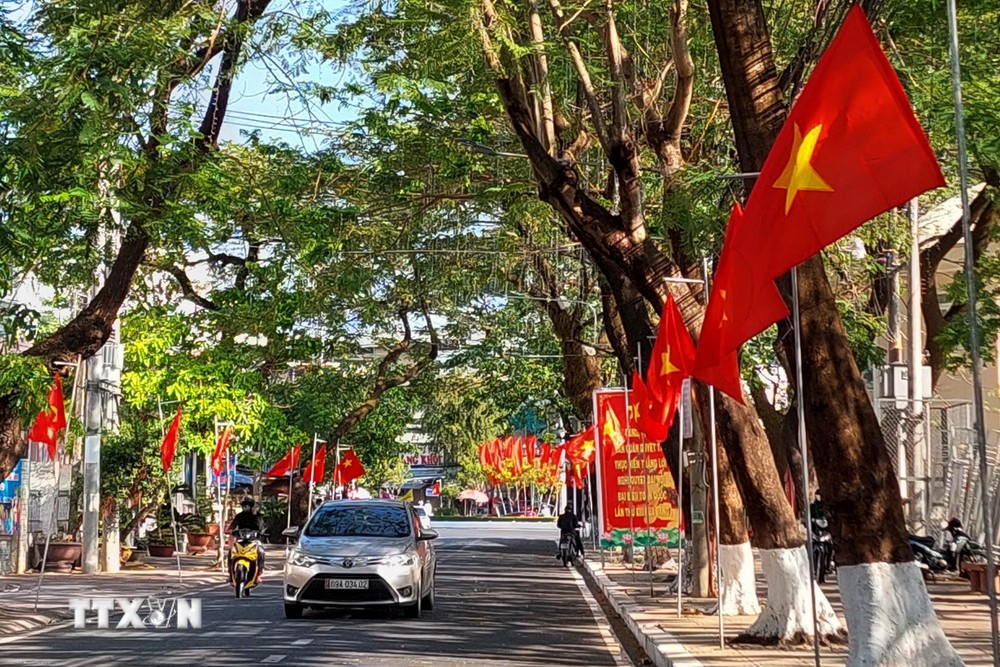 Cờ hoa rực rỡ trên đường phố Cà Mau. (Ảnh: Kim Há/TTXVN)