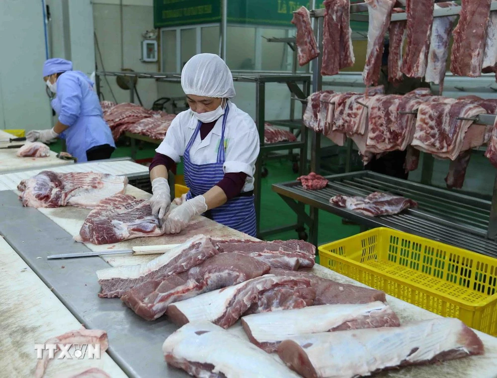 Chế biến thịt lợn tại nhà máy của Công ty Cổ phần Công nghệ thực phẩm Vinh Anh, huyện Thường Tín, Hà Nội. (Ảnh: Vũ Sinh/TTXVN)