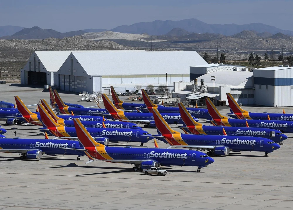  Máy bay của Hãng hàng không Southwest Airlines tại sân bay California Nam ở Victorville, bang California, Mỹ ngày 28/3 vừa qua. (Ảnh: AFP/TTXVN)