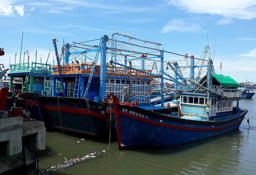 Tàu cá của ông Trần Đào (giữa), xã Phước Diêm, huyện Thuận Nam, hành nghề chụp đã nằm tại cảng Cà Ná hơn ba tháng vì hoạt động thua lỗ. (Ảnh: Nguyễn Thành/TTXVN)