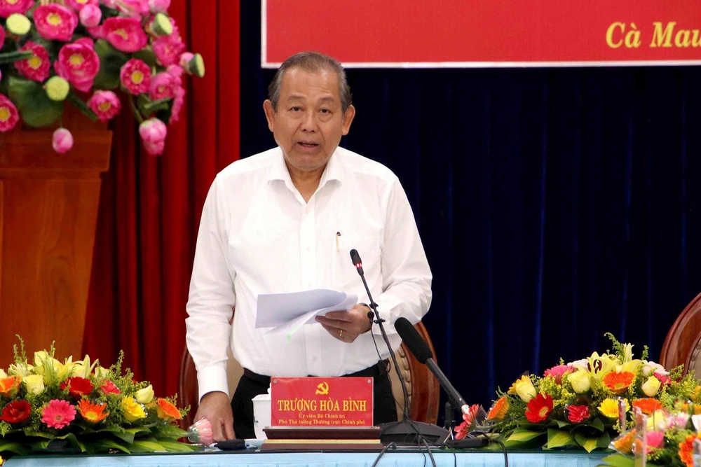 Phó Thủ tướng Thường trực Chính phủ Trương Hòa Bình phát biểu chỉ đạo tại buổi làm việc. (Ảnh: Kim Há/TTXVN)