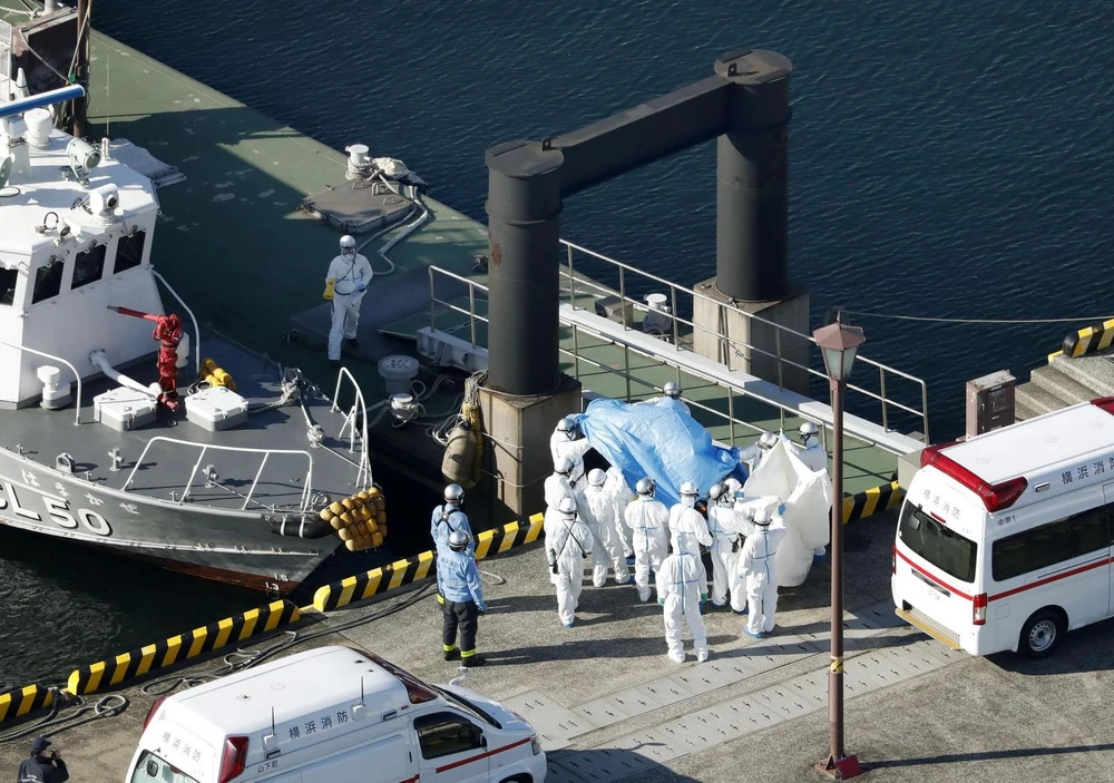 Nhân viên y tế chuyển các bệnh nhân nhiễm virus 2019-nCoV từ tàu du lịch "Diamond Princess" lên xe cứu thương tại cảng Yokohama, Nhật Bản ngày 5/2 vừa qua. (Ảnh: THX/TTXVN)