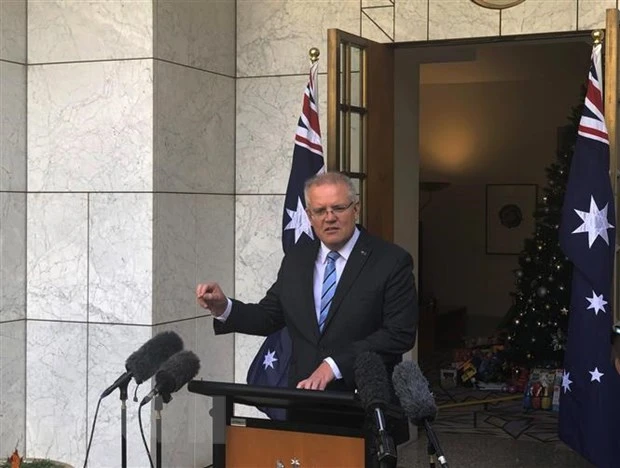Thủ tướng Australia Scott Morrison trong cuộc họp báo tại Canberra. (Ảnh: THX/TTXVN)