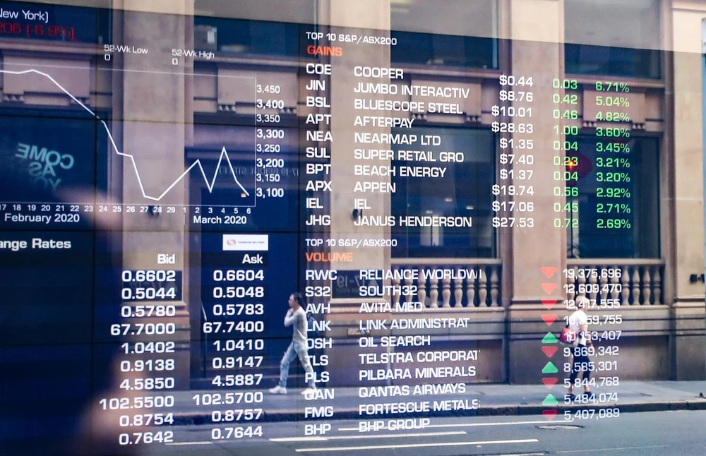 Màn hình điện tử thông báo chỉ số chứng khoán tại sàn giao dịch ở Sydney, Australia ngày 10/3 vừa qua. (Ảnh: THX/TTXVN)
