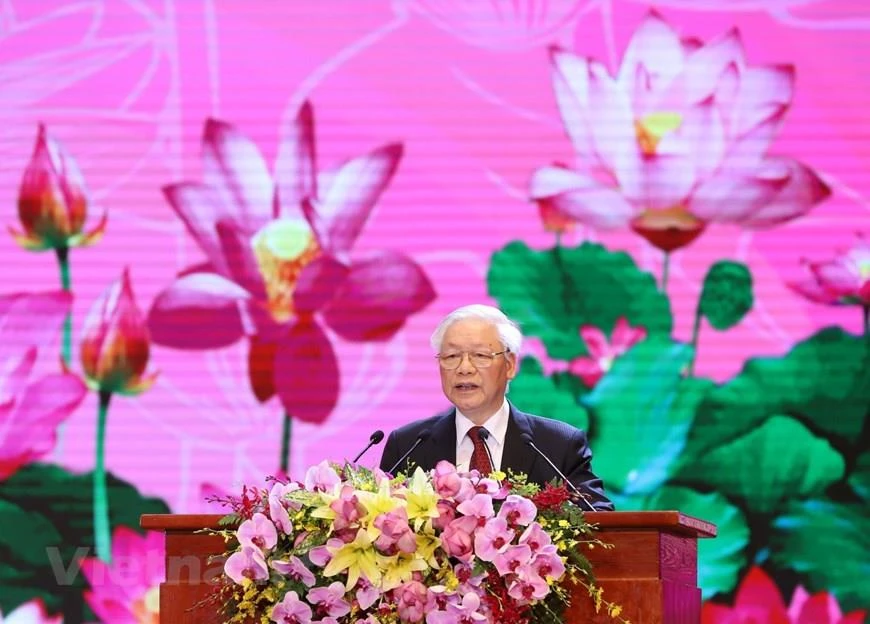 Tổng Bí thư, Chủ tịch nước Nguyễn Phú Trọng đọc diễn văn tại Lễ kỷ niệm. (Ảnh: PV/Vietnam+)