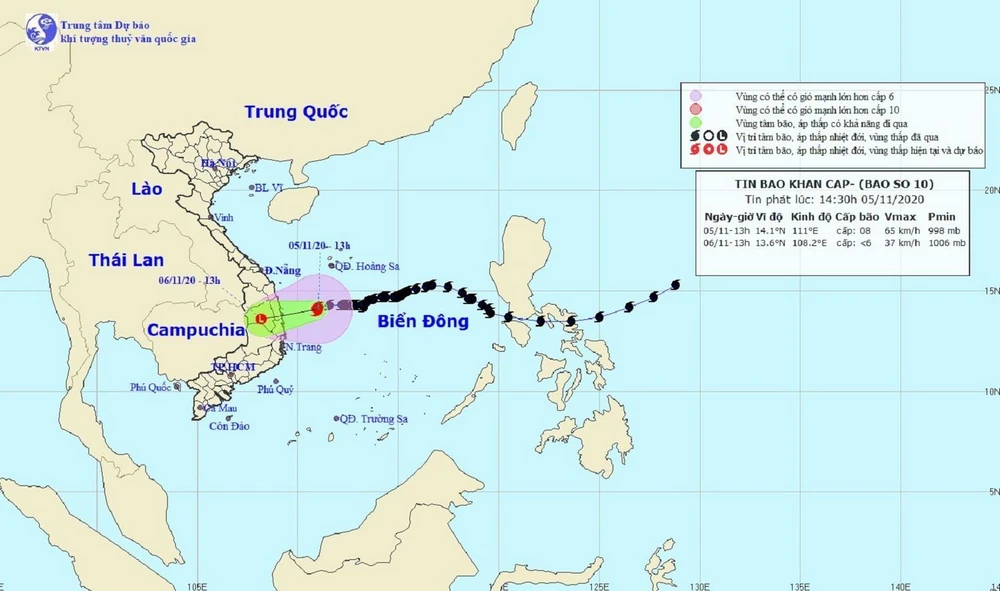 Bản đồ đường đi của Bão số 10 trên biển Đông. (Ảnh: TTXVN phát)