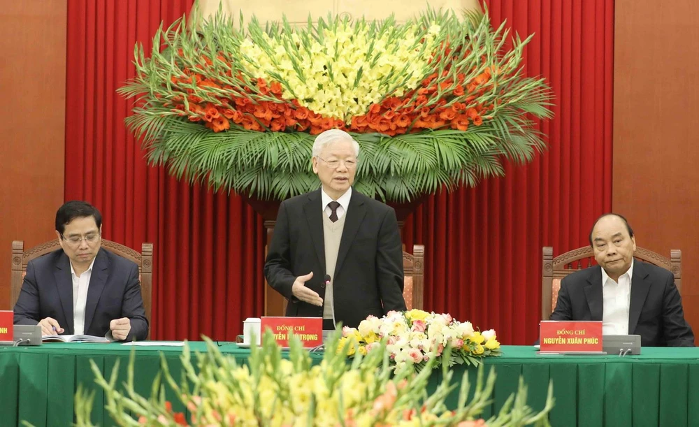 Tổng Bí thư, Chủ tịch nước Nguyễn Phú Trọng phát biểu tại buổi gặp mặt. (Ảnh: Phương Hoa/TTXVN)