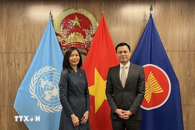 Đại sứ, Trưởng Phái đoàn thường trực Việt Nam tại Liên hợp quốc Đặng Hoàng Giang và bà Pauline Tamesis, Điều phối viên thường trú LHQ tại Việt Nam tại buổi làm việc. (Ảnh: TTXVN phát)