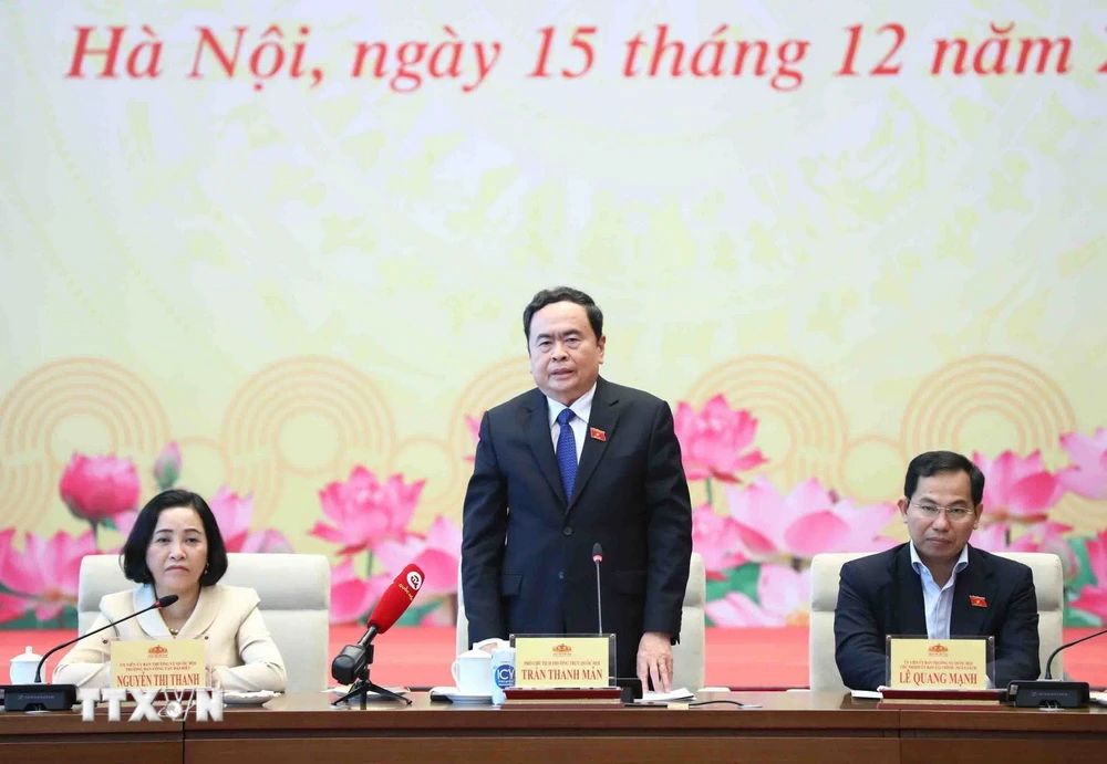 Phó Chủ tịch Thường trực Quốc hội Trần Thanh Mẫn phát biểu tại buổi gặp mặt. (Ảnh: Minh Đức/TTXVN)