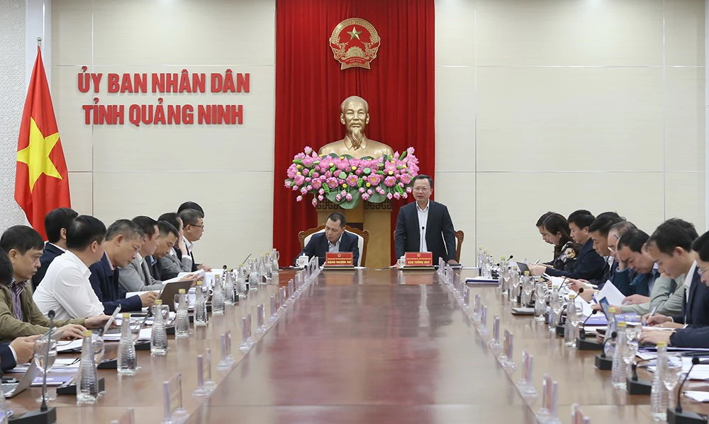 Chủ tịch UBND tỉnh Quảng Ninh Cao Tường Huy phát biểu tại buổi làm việc. (Ảnh: Quốc Khánh/Bnews/TTXVN)