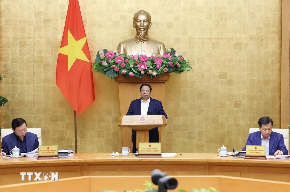 Thủ tướng Phạm Minh Chính phát biểu tại Phiên họp Chính phủ chuyên đề về xây dựng pháp luật tháng 3/2024. (Ảnh: Dương Giang/TTXVN)