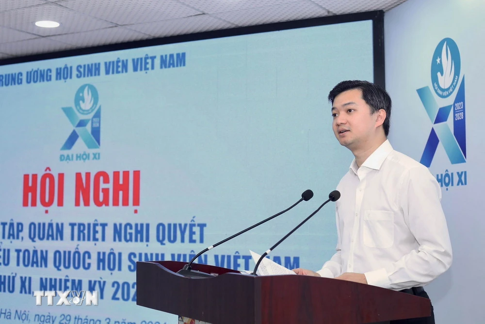 Bí thư Trung ương Đoàn, Chủ tịch Trung ương Hội sinh viên Việt Nam Nguyễn Minh Triết, phát biểu tại Hội nghị. (Ảnh: TTXVN phát)