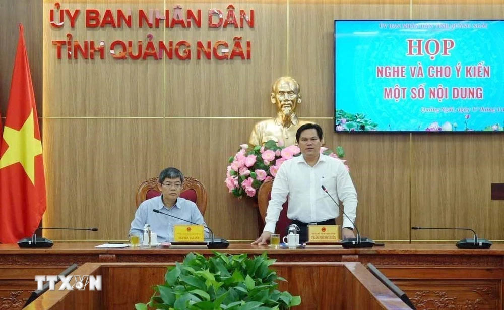 Phó Chủ tịch UBND tỉnh Quảng Ngãi Trần Phước Hiền phát biểu tại buổi làm việc. (Ảnh: TTXVN)