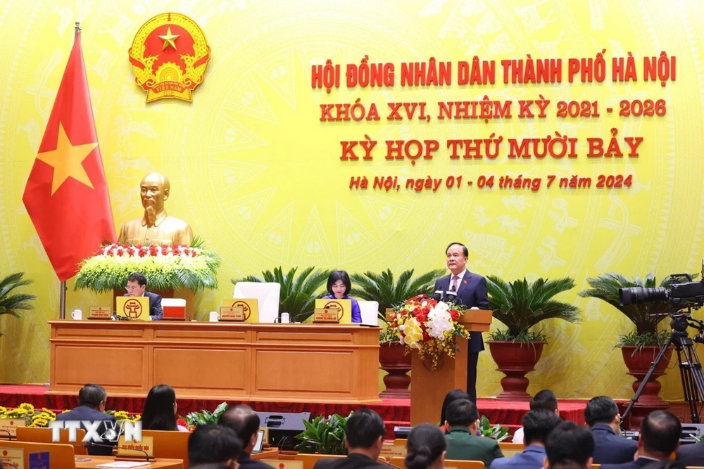 Chủ tịch HĐND Thành phố Hà Nội Nguyễn Ngọc Tuấn phát biểu. (Ảnh: Văn Điệp/TTXVN)