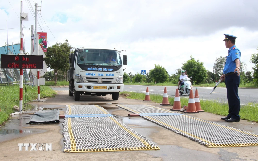 Lực lượng chức năng điều tiết phương tiện vào khu vực cân kiểm tra tải trọng. (Ảnh: Nguyễn Hằng/TTXVN)