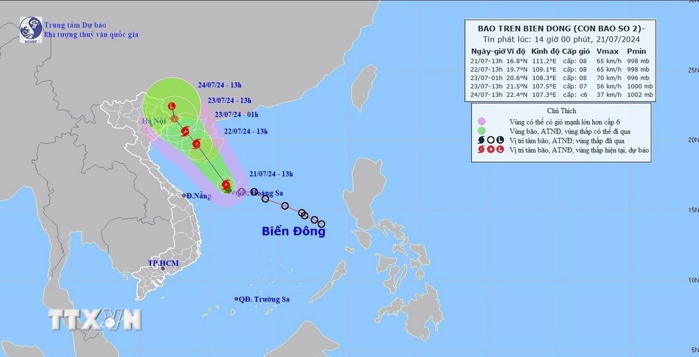 Hướng và đường đi của bão số 2, chiều 21/7/2024). (Ảnh: TTXVN phát)