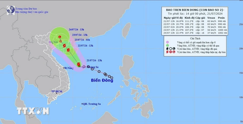 Hướng và đường đi của bão số 2, chiều 21/7/2024). (Ảnh: TTXVN phát)