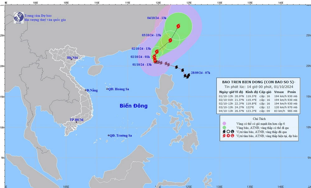 Hướng đi của cơn bão. (Ảnh: Trung tâm Dự báo Khí tượng Thủy văn Quốc gia)