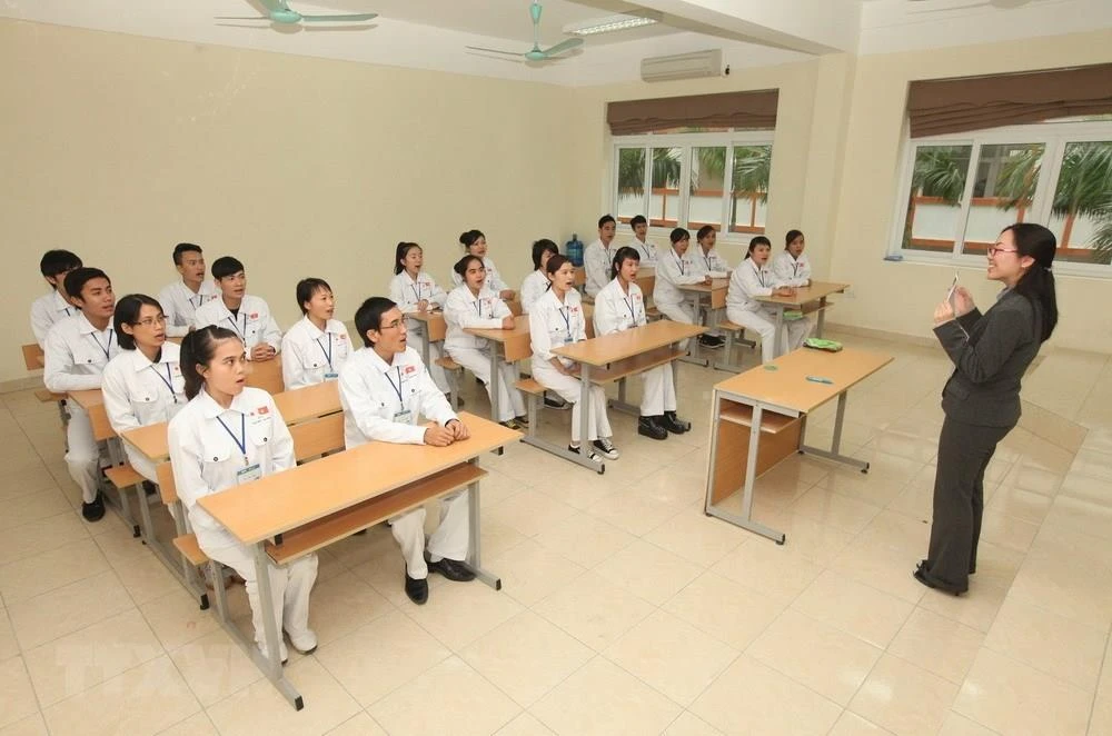 Các ứng viên điều dưỡng Việt Nam học tiếng Nhật trước khi sang nước bạn làm việc. (Ảnh: PV/Vietnam+)