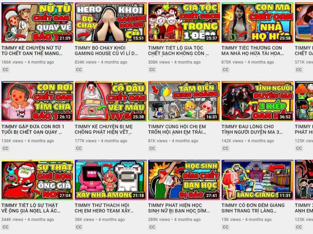 Kênh YouTube TIMMY TV với nhiều nội dung độc hại với trẻ em. (Ảnh: PV/Vietnam+)