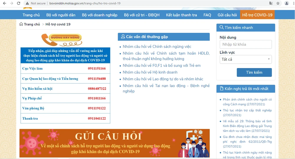 Giao diện bộ Hỏi-Đáp về các chính sách hỗ trợ người lao động, người sử dụng lao động theo Nghị quyết số 68/NQ-CP. (Ảnh: PV/Vietnam+)