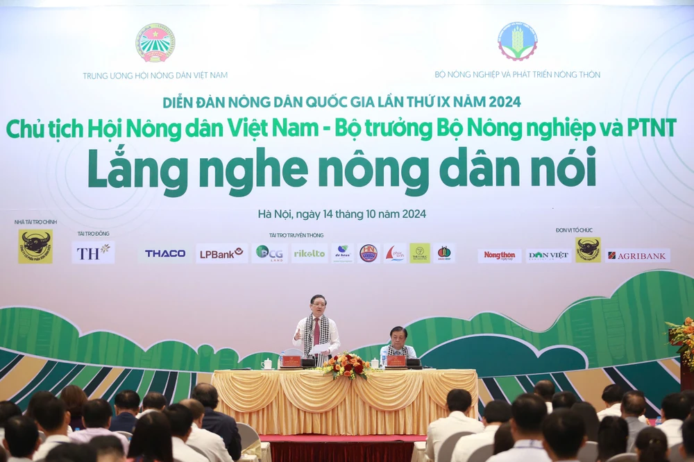 Diễn đàn Nông dân Quốc gia lần thứ IX có chủ đề: "Chủ tịch Hội Nông dân Việt Nam-Bộ trưởng Bộ Nông nghiệp và Phát triển nông thôn lắng nghe nông dân nói". (Ảnh: CTV/Vietnam+)