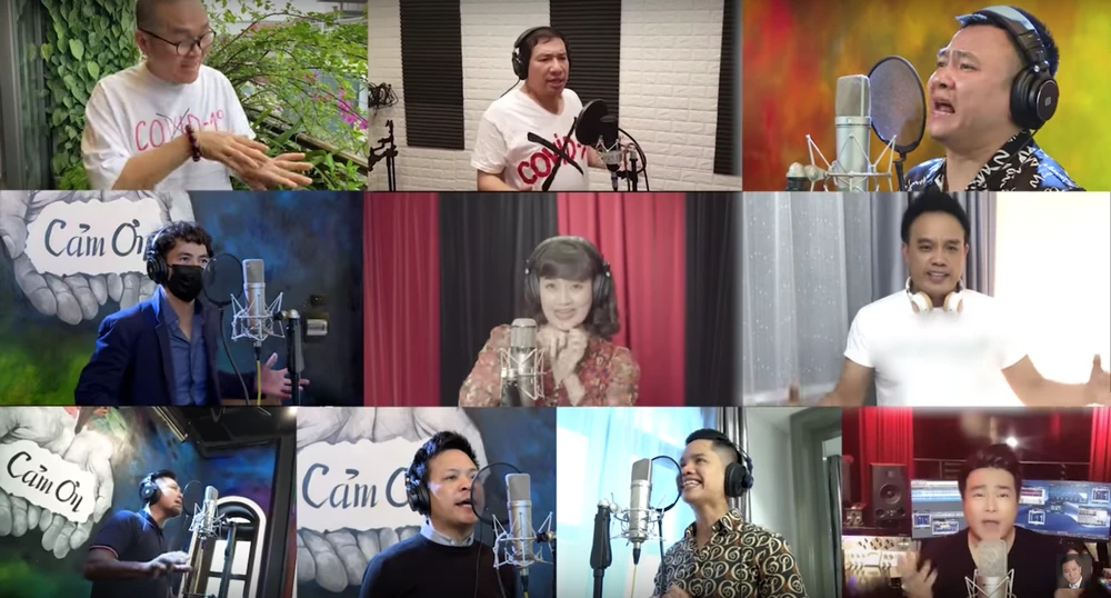 Các nghệ sỹ tham gia MV “Việt Nam ơi, cùng nhau đồng lòng.” (Ảnh: PV/Vietnam+) 