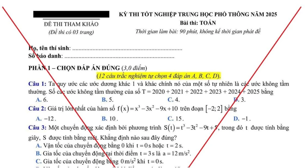 Thông tin giả về đề thi tham khảo Kỳ thi Tốt nghiệp Trung học phông năm 2025 đang lan truyền trên mạng. (Ảnh: Bộ GD-ĐT)