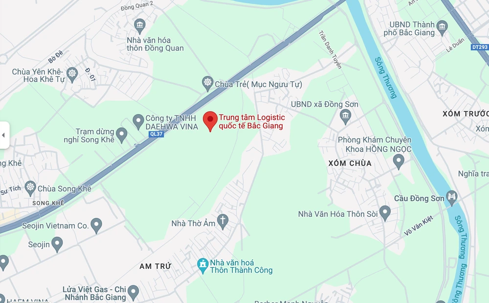 Khu vực thực hiện Dự án Trung tâm Logistics Quốc tế thành phố Bắc Giang trên Google Maps.