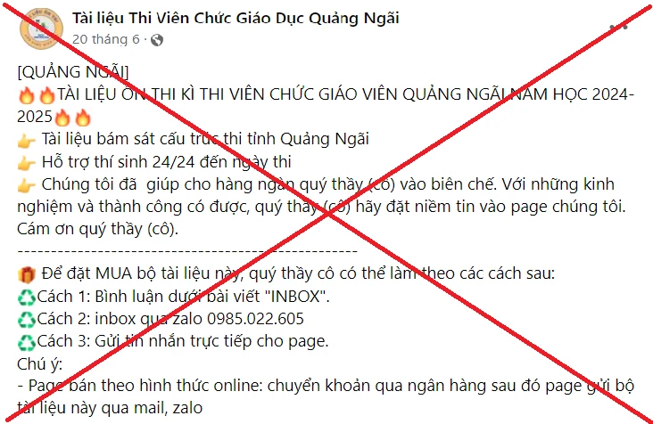 Sở Giáo dục và Đào tạo tỉnh Quảng Ngãi khẳng định đến thời điểm hiện tại, Sở chưa phát hành tài liệu ôn thi cho kỳ thi tuyển dụng giáo viên năm 2024.