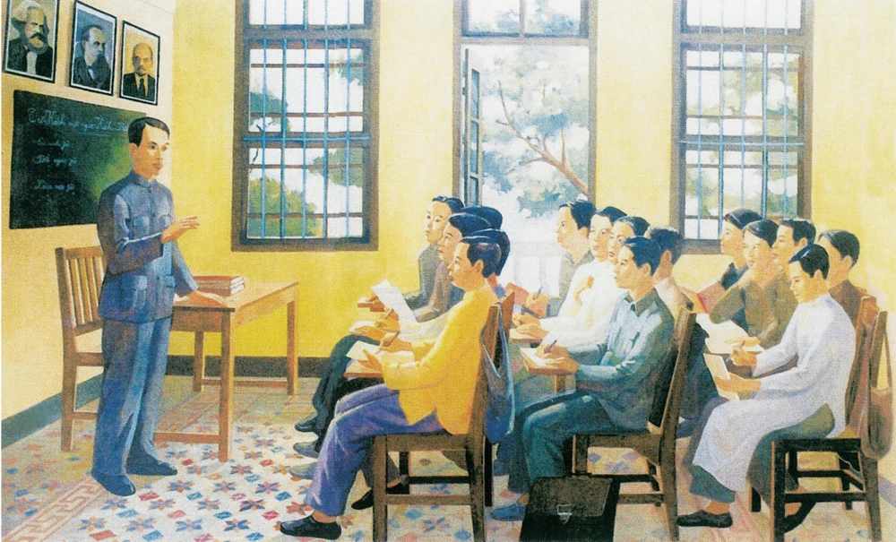 Từ 1925-1927, tại nhà số 13, đường Văn Minh (Quảng Châu, Trung Quốc), Lãnh tụ Nguyễn Ái Quốc đã mở các lớp huấn luyện chính trị, đào tạo cán bộ cho cách mạng Việt Nam. Tranh trưng bày tại triển lãm. (Ảnh: Minh Thu/Vietnam+)