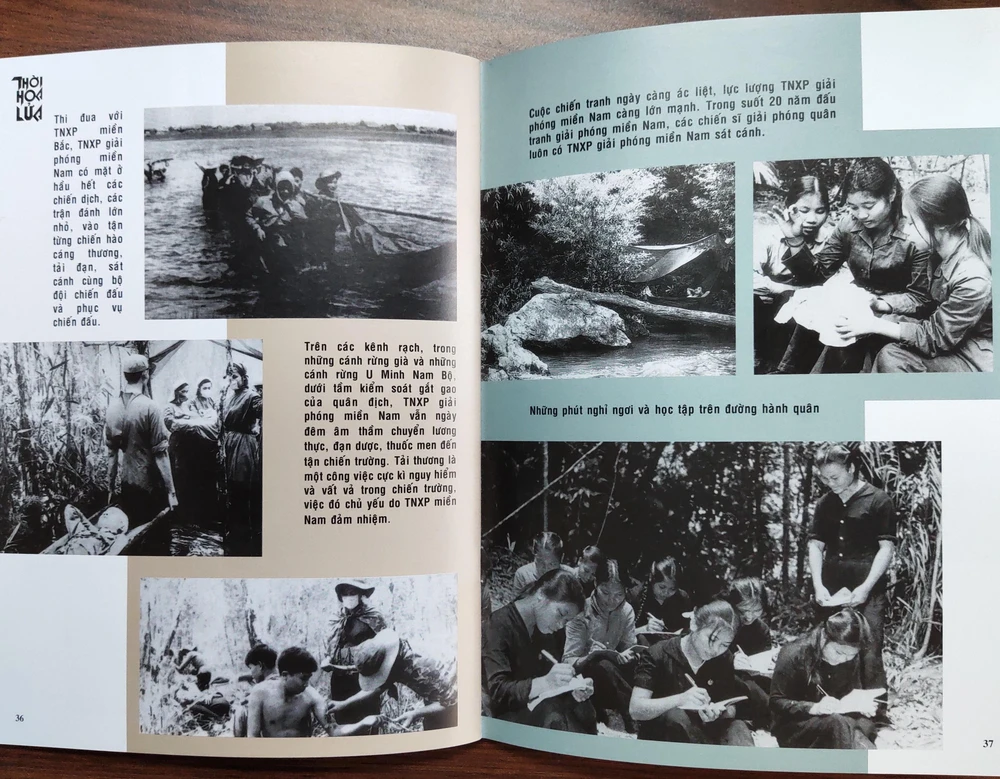 Những hình ảnh trong cuốn sách ảnh “Thời hoa lửa” ghi lại những giây phút, khoảnh khắc làm nên "những bông hoa giữa tuyến lửa" của Thanh niên Xung phong. (Ảnh: Minh Thu/Vietnam+) 