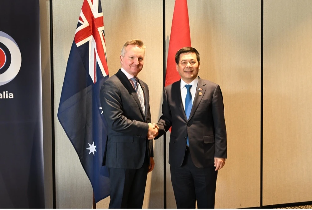 Bộ trưởng Bộ Công Thương Nguyễn Hồng Diên làm việc song phương với Bộ trưởng phụ trách Biến đổi Khí hậu và Năng lượng Australia Chris Bowen. (Ảnh: PV/Vietnam+)