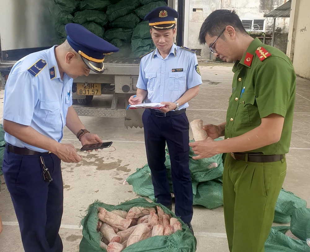 Lực lượng chức năng tỉnh Lạng Sơn kiểm tra hàng hóa vi phạm. (Ảnh: PV/Vietnam+)