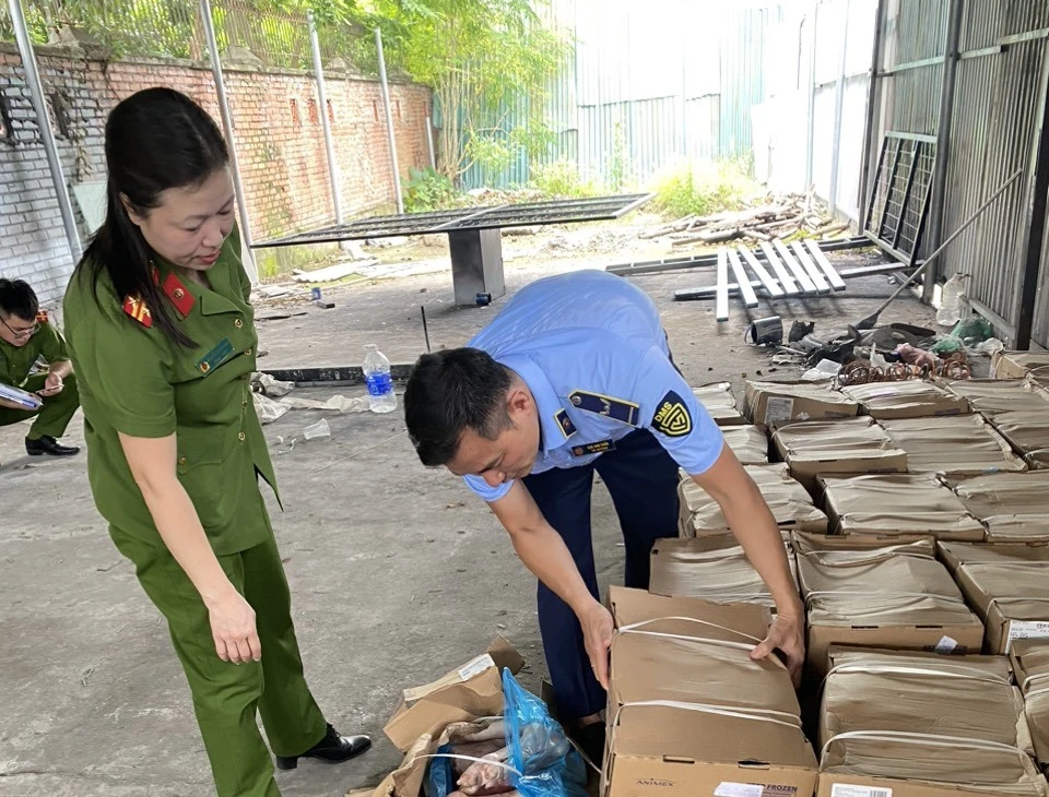 Lực lượng liên ngành của Hà Nội kiểm tra thực phẩm đông lạnh có dấu hiệu vi phạm. (Ảnh: PV/Vietnam+)