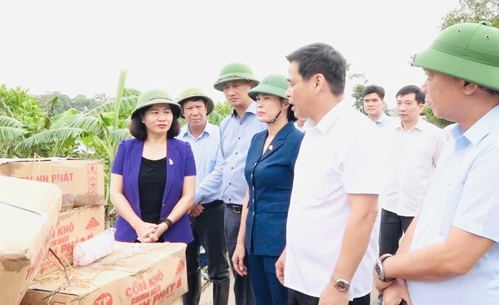 Phó Bí thư Thường trực Thành ủy Hà Nội Nguyễn Thị Tuyến và đoàn công tác kiểm tra công tác phòng, chống lụt bão tại xã An Phú, huyện Mỹ Đức. (Ảnh: Hanoi)