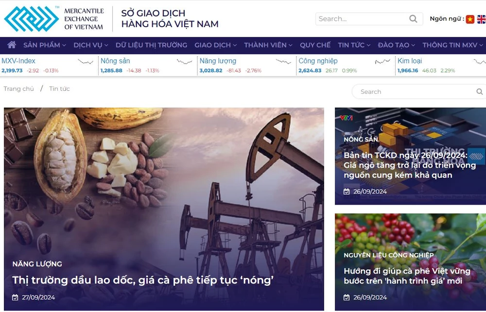 Trang web của Sở Giao dịch hàng hóa Việt Nam. (Ảnh: PV/Vietnam+)