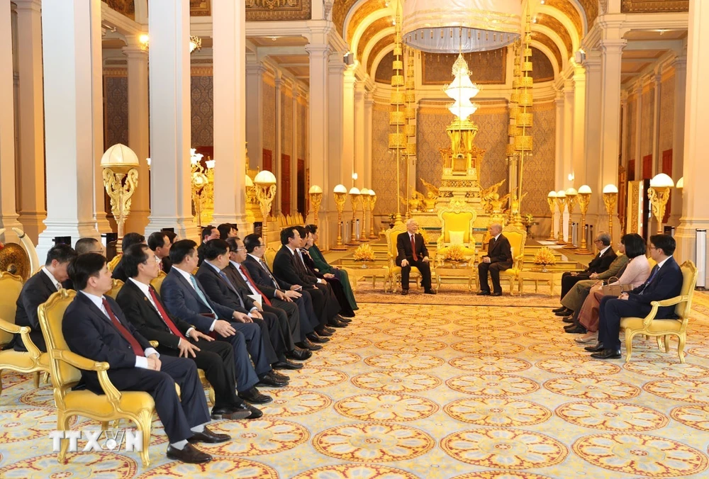 Toàn cảnh Tổng Bí thư, Chủ tịch nước Nguyễn Phú Trọng hội đàm với Quốc vương Campuchia Norodom Sihamoni. (Ảnh: Trí Dũng/TTXVN) 