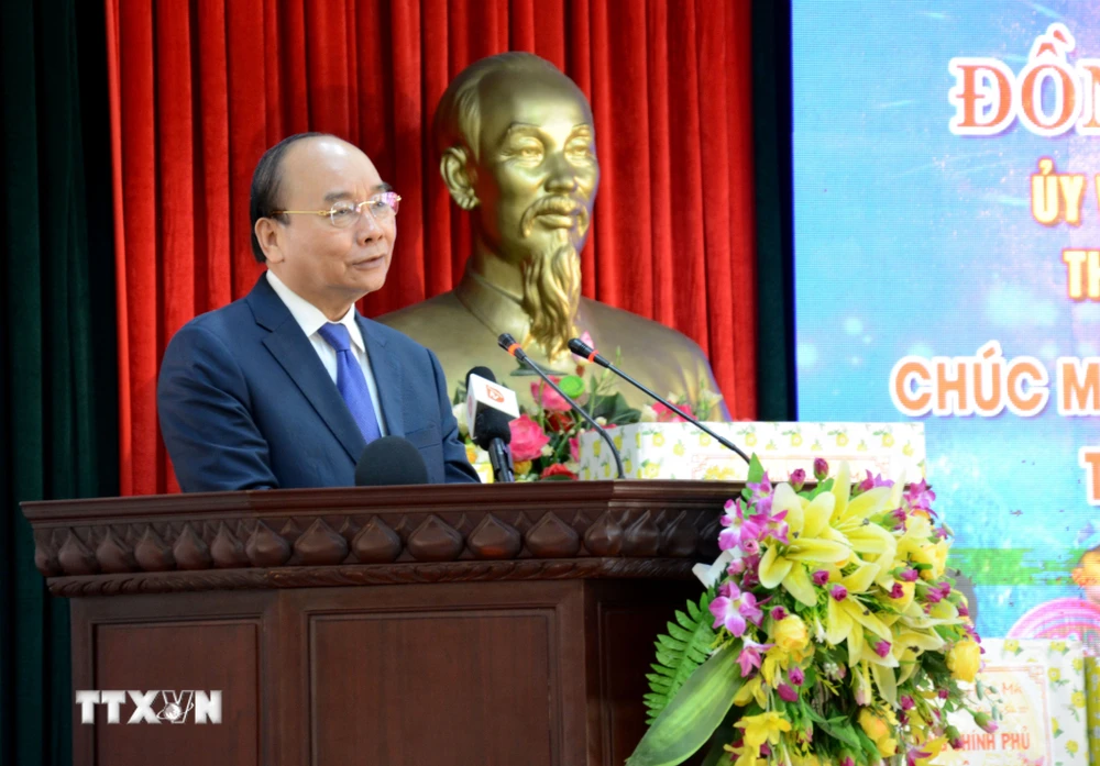 Thủ tướng Nguyễn Xuân Phúc phát biểu tại Bộ Chỉ huy Bộ đội Biên phòng thành phố Đà Nẵng. (Ảnh: Quốc Dũng/TTXVN)