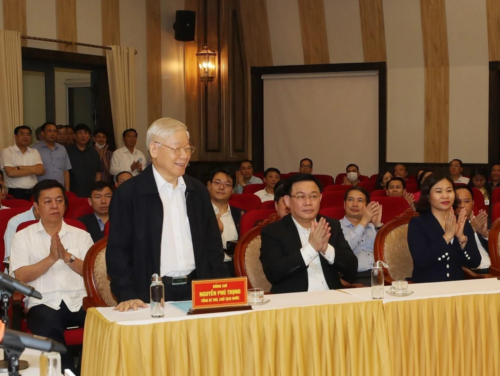 Tổng Bí thư, Chủ tịch nước Nguyễn Phú Trọng tại Hội nghị lấy ý kiến nhận xét và tín nhiệm cử tri nơi cư trú. (Ảnh: Trí Dũng/TTXVN)