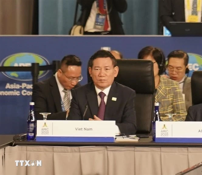 Bộ trưởng Hồ Đức Phớc tại Hội nghị Bộ trưởng Tài chính APEC năm 2023 sáng 13/11. (Ảnh: Kiều Trang/TTXVN)